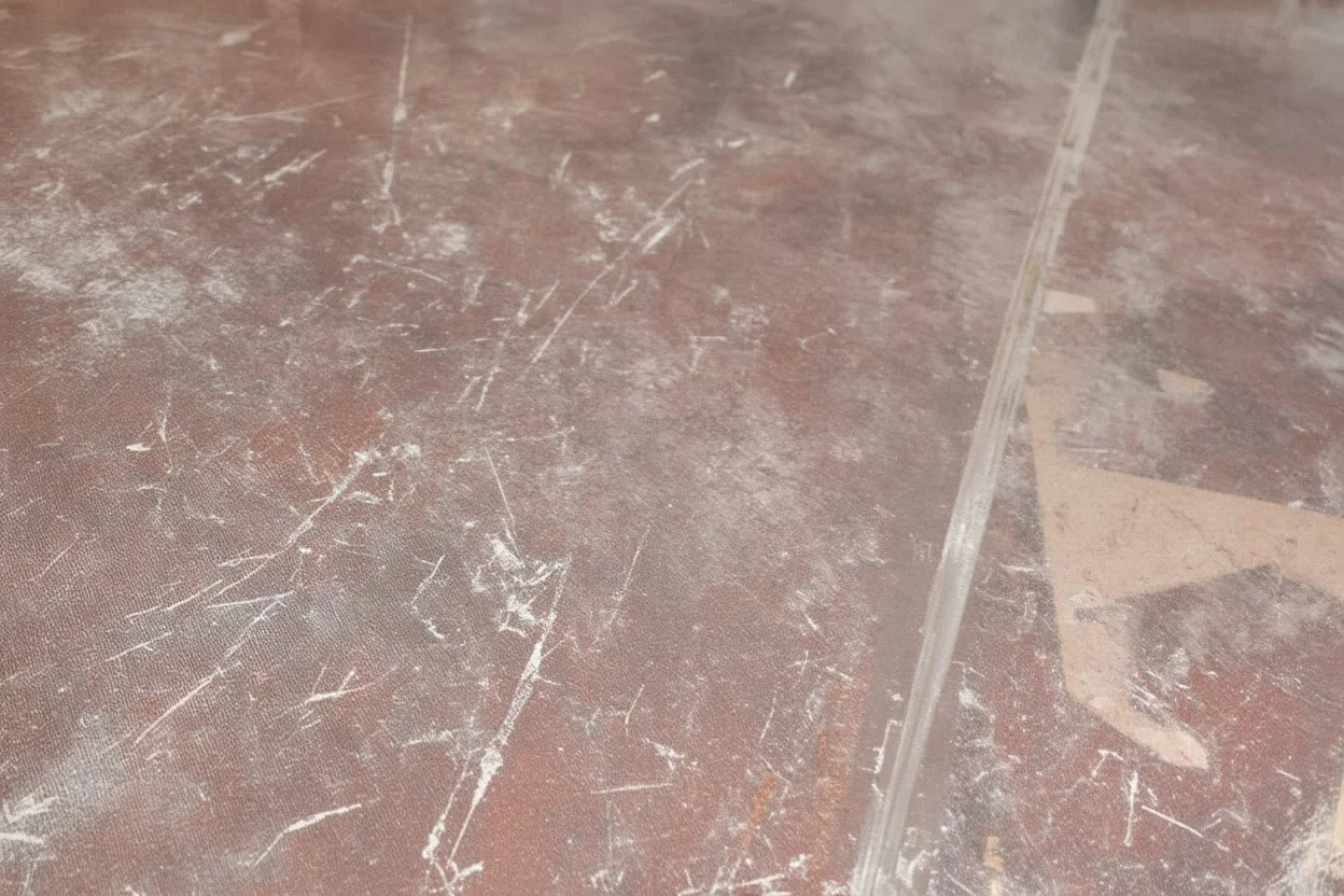 scratched garage floor, from very low perspective