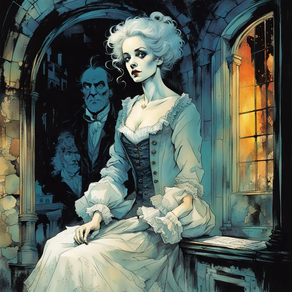 create an imaginative drawing of the pale translucent ghost of an aged Parisian female fortuneteller, clothed in tattered and ragged, ornate Napoleonic period dress, with finely detailed hair and feminine facial features, in the otherworldly shadows of the Paris catacombs, in the comic book art style of Bill Sienkiewicz, Mike Mignola, and Jean Giraud Moebius, finely textured, drawn, colored, and inked