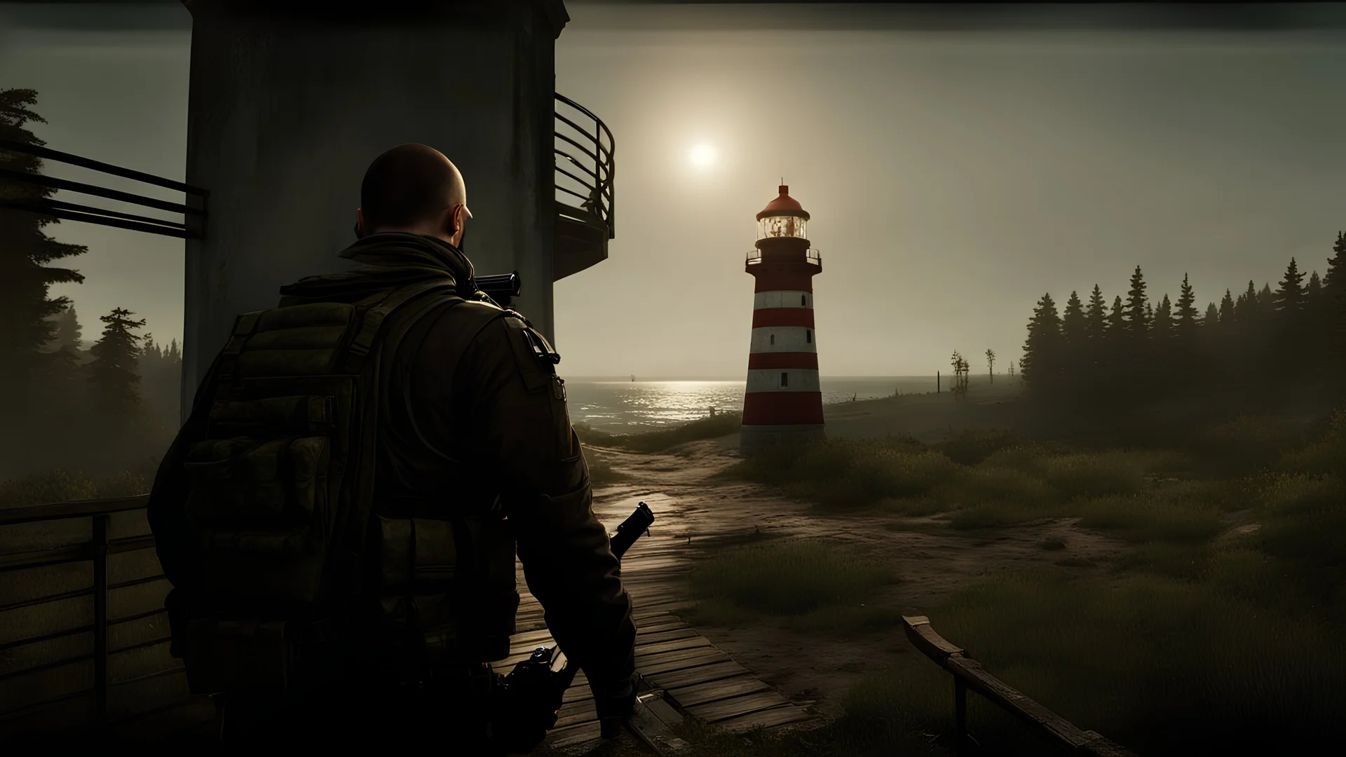 Escape from tarkov A man standing by a lighthouse holding a gun no text
