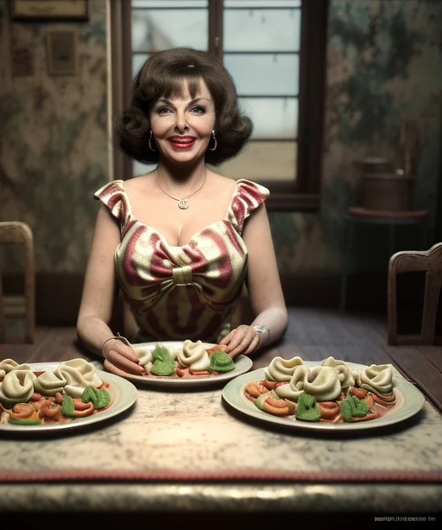 Ultra realistic photographic portrait, happy young Gina Lollobrigida woman sitting with arms resting on Italian kitchen table, pretty tortellini dish, retro dress by 1960, classic style decoration, cold, soft color, highly detailed, unreal engine 5, ray tracing, RTX, lumen lighting, ultra detail, volumetric lighting, high definition.