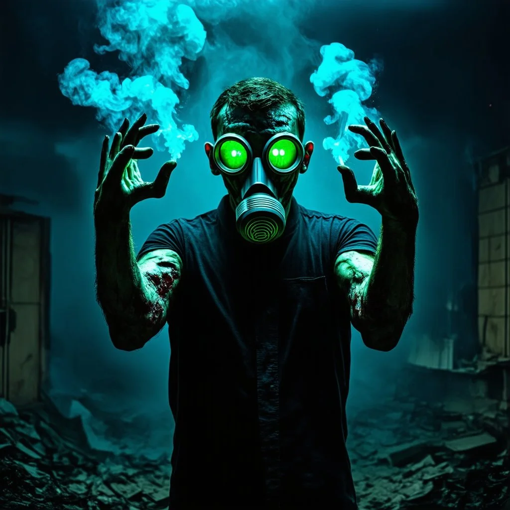 Zombie with a broken gas mask and glowing green eyes standing in a dystopian chaotic smoking Toyko making the "heart hands" gesture, Dramatic, zombiecore, creepy, complex contrast, dynamic composition, scary movie FX, visceral, magic realism