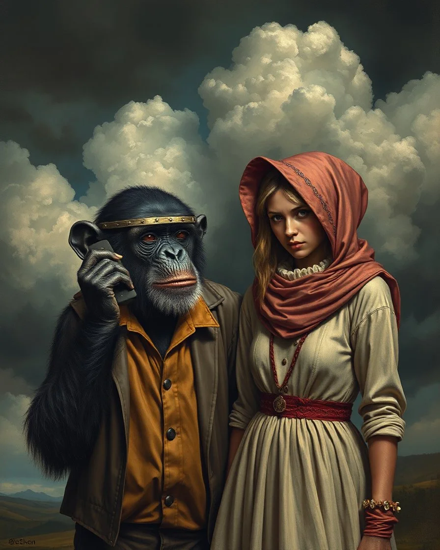 Bosch painting style, nightmare , a male chimpanzee dressed like a teenager asking for phone number to a female chimpanzee dressed like a teenager also has a phone asking for her number great quality picture with cinematic scenes , heavy clouds in the background