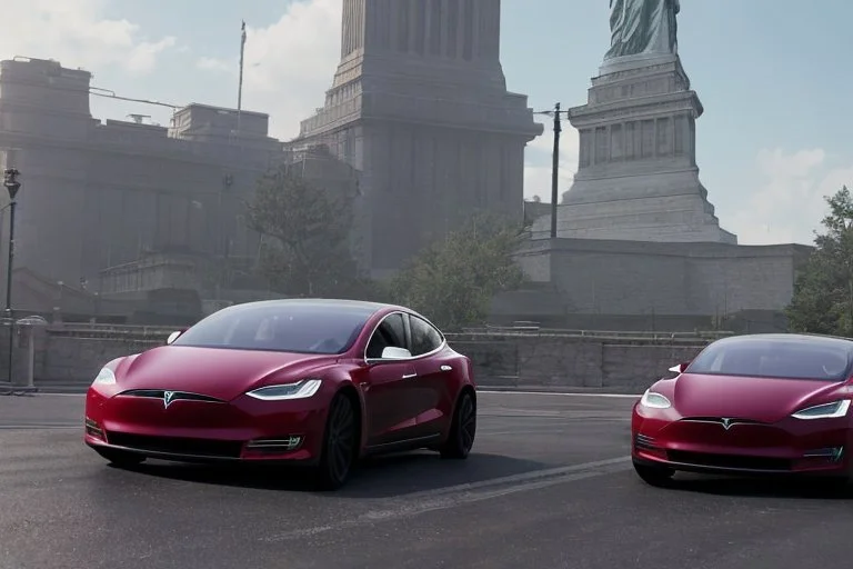 A Tesla 'Model 3' is drifting at top speed, near the 'Statue of Liberty' in New York. CINEMATIC. WIDE ANGLE LENS. PHOTO REAL.