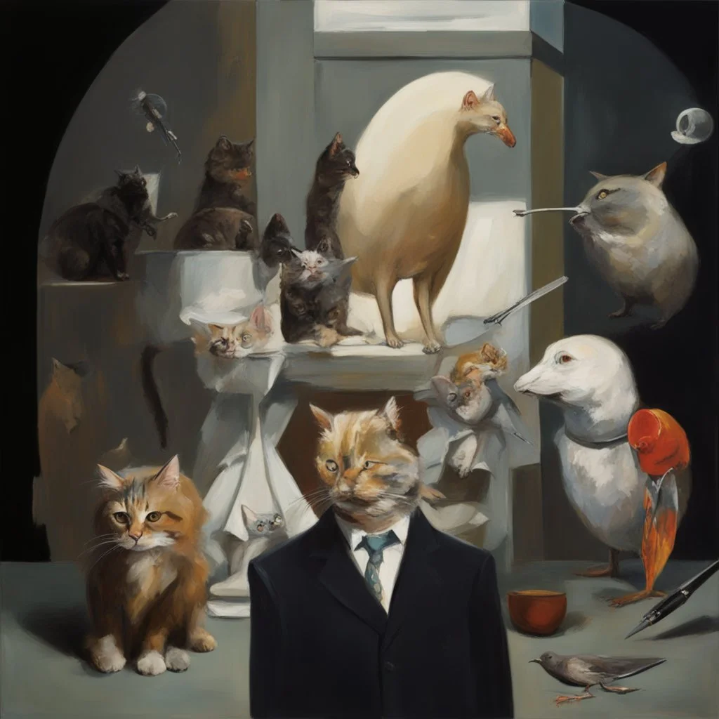 UN conference,a cat and human flesh-like surgical instruments and universe-like a pigeon and neuralink, surrealism,minimalism,Painting By Adrian Ghenie, Rene Magritte, Salvador Dali, Lucian Freud