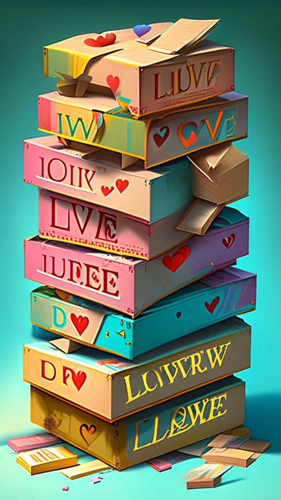 Stacked boxes stuffed with overflowing love letters, realistic, professional, art, detailed, vibrant colors.