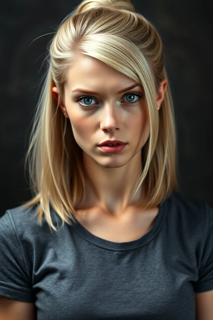 A portrait of an attractive stern woman, shoulder-length blond hair tied in a tight knot, pale skin,light green eyes, muscular build, wearing grey t-shirt