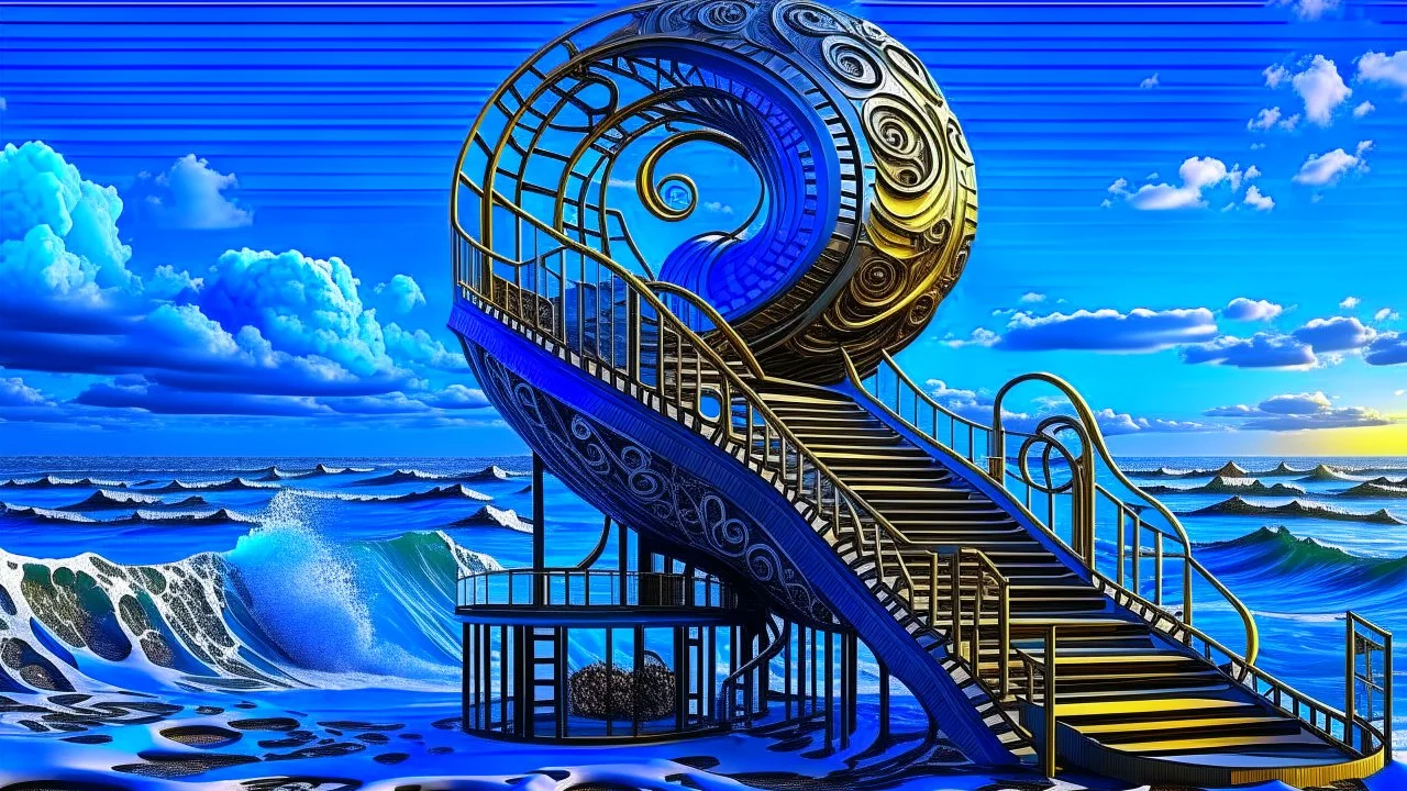 midle soot A stunning Nautilus shell house with a nautilus shell metal stair wide shot standing in the sea waves backdrop the deep blue Sea in golden hour, dark metallic, steampunk, hyperrealistic photo, Digital painting, Highly detailed, Sharp Focus, unusual spiral fractal architecture