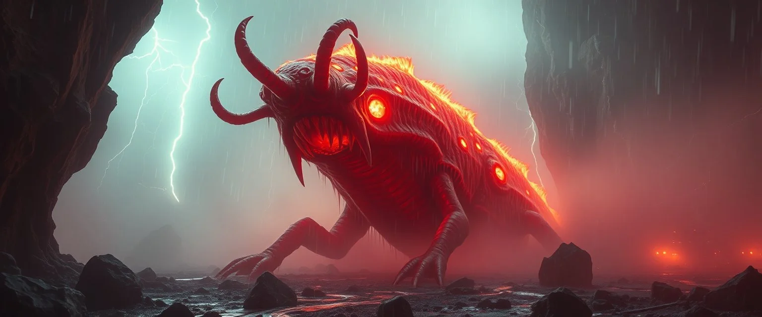 horrible space slug in the style of giger, in fog and spectacular fire rain