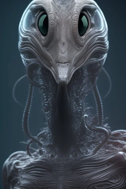 snake alien, head,8 eyes, smile, 8k, with hairs, finely detailed, photo realistic, HR Giger style