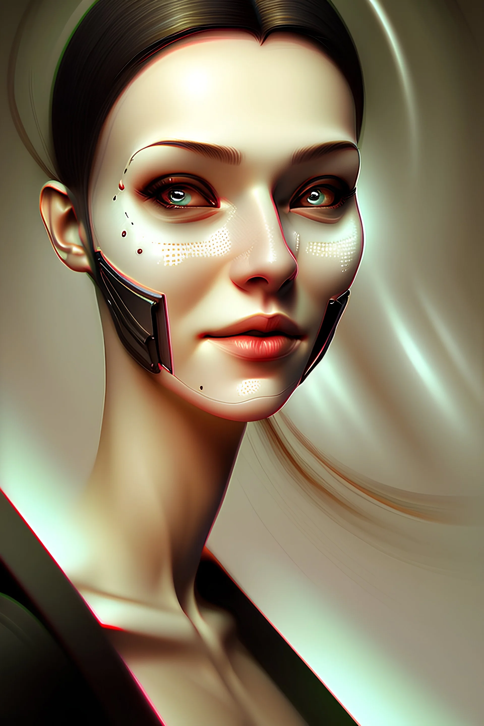 Portrait of a smiling cyborg woman, peaceful, digital art