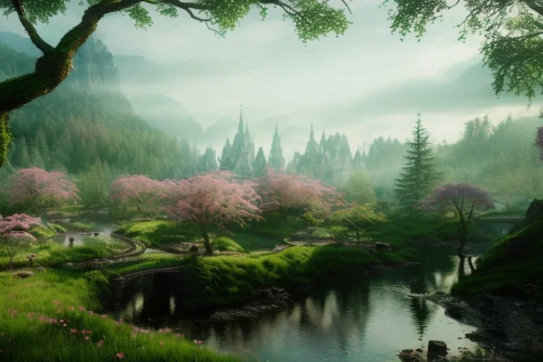 Magical fantasy elven city misty forest rivendell tree flower pink green yellow beautiful nature river 4k full hd