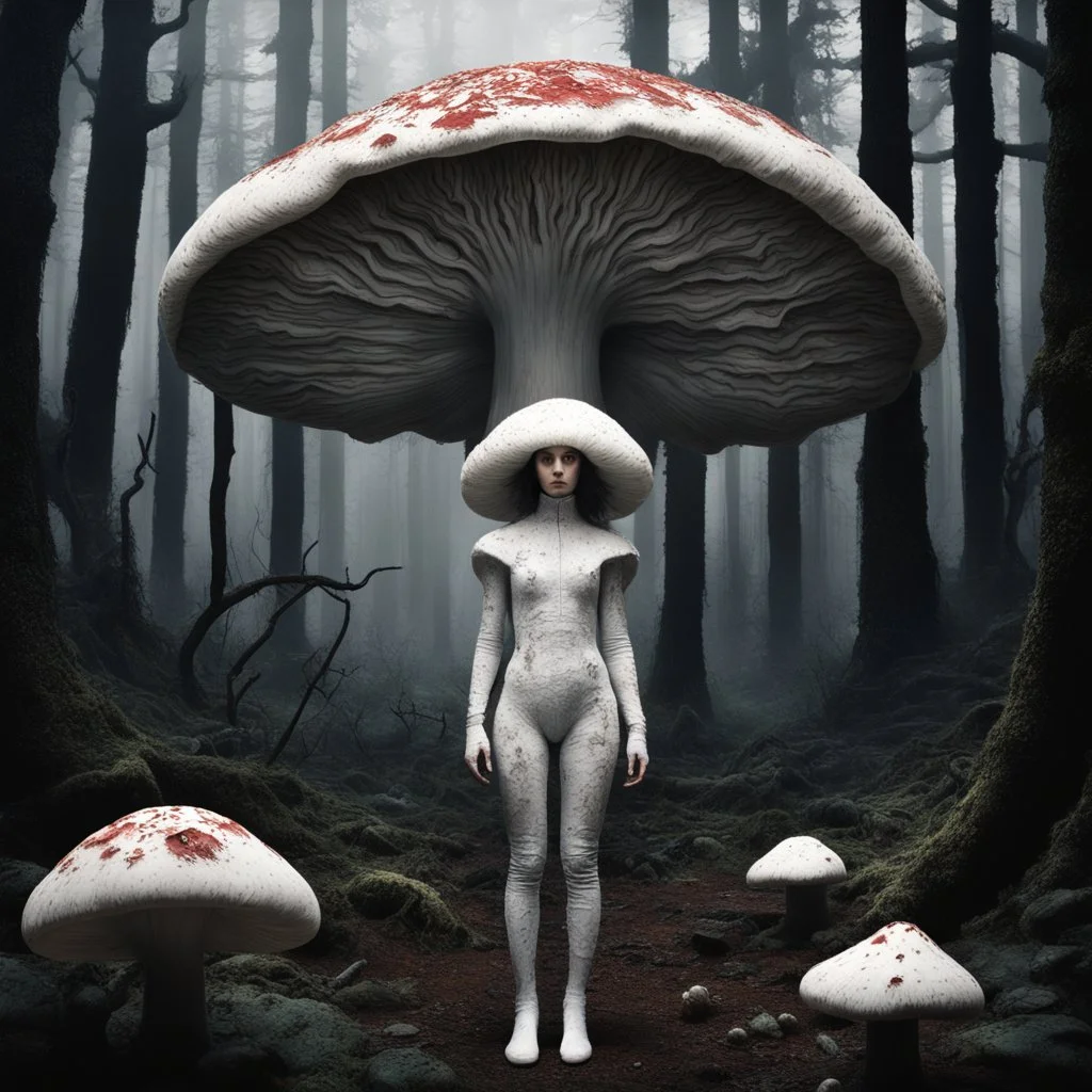 [art by jean-paul riopelle] In the heart of a dark and spooky forest, a woman with big eyes, her head enclosed in a giant mushroom cap, stands trembling. She is clad in a full-body mushroom symbiote suit made of white mycelium, blending seamlessly with the eerie surroundings. Surrounding her are several giant mushrooms, their shapes resembling women, casting long, haunting shadows in the dim light of the forest.The woman's eyes dart nervously from one mushroom figure to another, their silent pr