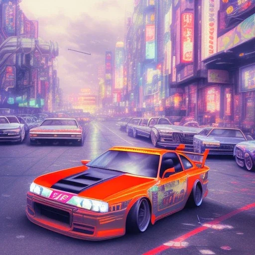 volumetric japan city environment and background, realistic pop-art illustration and highly detailed digital painting of illegal street drifting, ghost flames, inside a vibrant city, underground jdm scene, d1 grand prix, nissan, mitsubishi, otaku, neon, toyota, honda, subaru, highly detailed, money, high contrast, realistic shaded volumetric lighting, 8k, tokyo drift, reflective ground, octane render, smoke, burnout, vitality colours, colorful, uhd, blue fires, dk, hooning manga art by sam curry