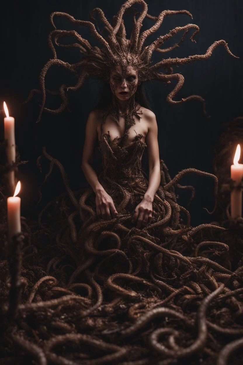 Demon girl wizard Halloween vintage girl, fullbody, feet point view, creepy, horrifying, sinister, many worms parasite creature connected to the head, sparks around her, intricate, 8k, macro photography,