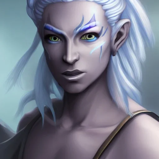 Female Air Genasi Monk dungeons and dragons character, with pale blue skin, flowing white hair, and grey eyes