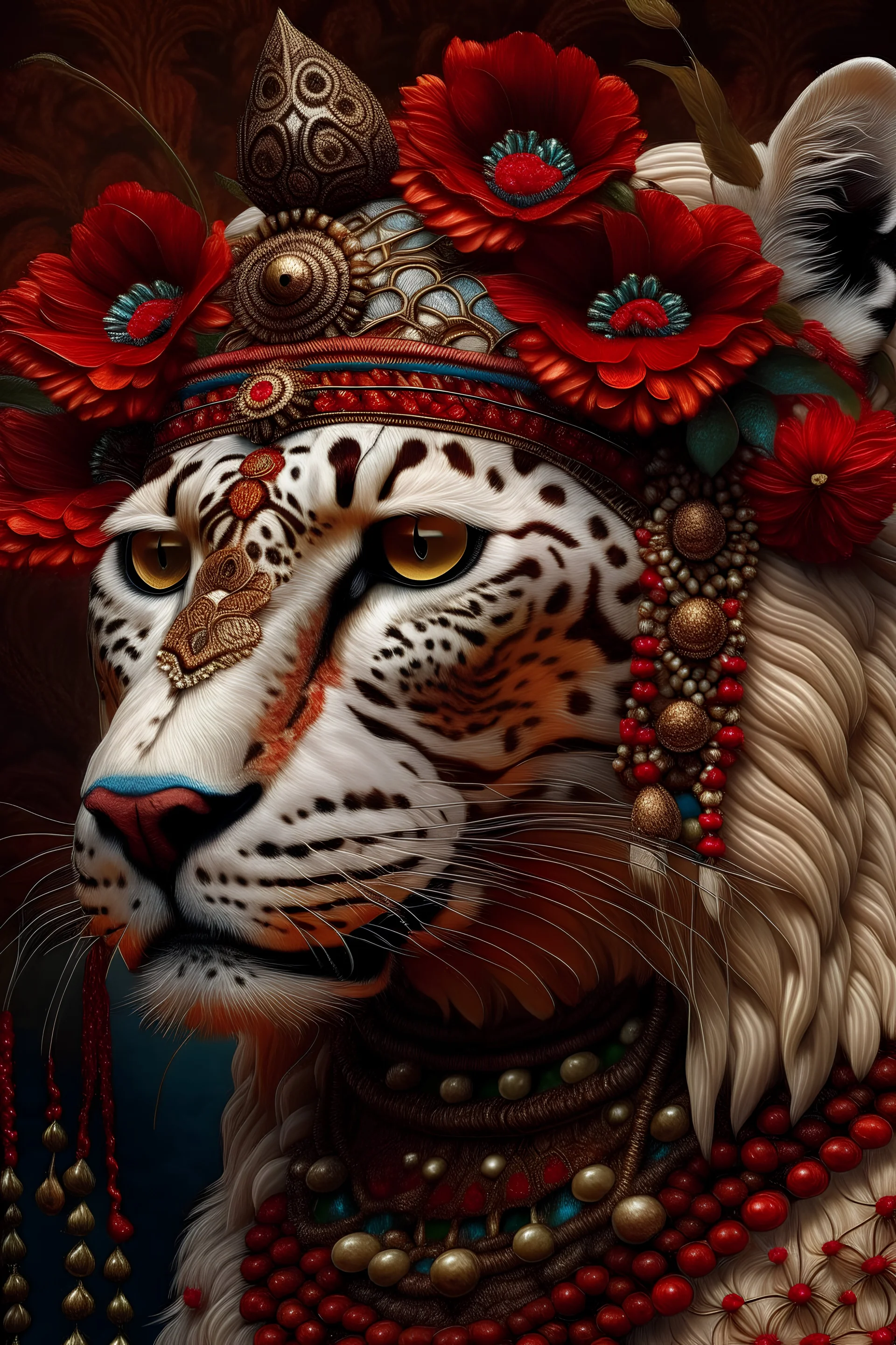 Beautiful mexican jaguar animal adorned with etheral shamanism hal face masque, mexican style floral red poppy, white cathalea flower brocade headdress wearing humán brokade decadent shamanism costume organic bio spinal ribbed detail of decadent shamanism mexican style extremely detailed hyperrealistic portrait art