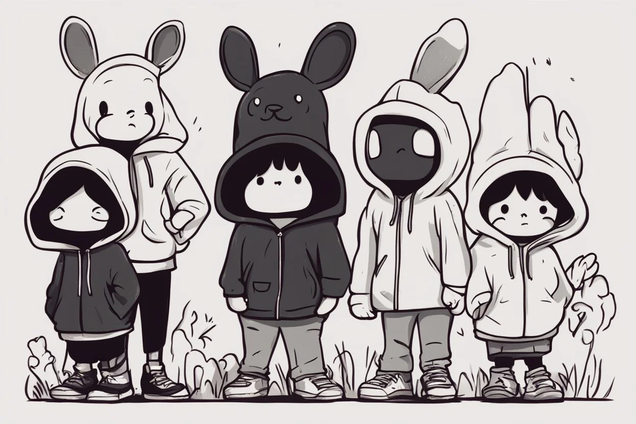 6 simple shaped hand drawn cartoon characters that are cute dark and have hoodies