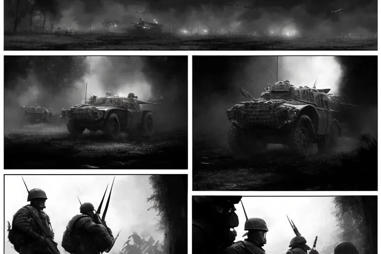 Masterpiece1:5)(Fineart), (award-winning:1.5), highest quality, (ultra realism:1.5) war journalism(,(by Tim Page and Hoorst Faas:1.5))(photorealistic:1.8), (Eastern Ukraine:(panel one:the moment after a battle ends, horrors of war, wounded men),(2nd panel, cinematic shot of men sitting in trench with 1000 yard stare (focus on their eyes:1.5)),(the third panel shows troops tired but hyper alert), (the fourth panel shows the sky is filled with incessant, fire and smoke,)