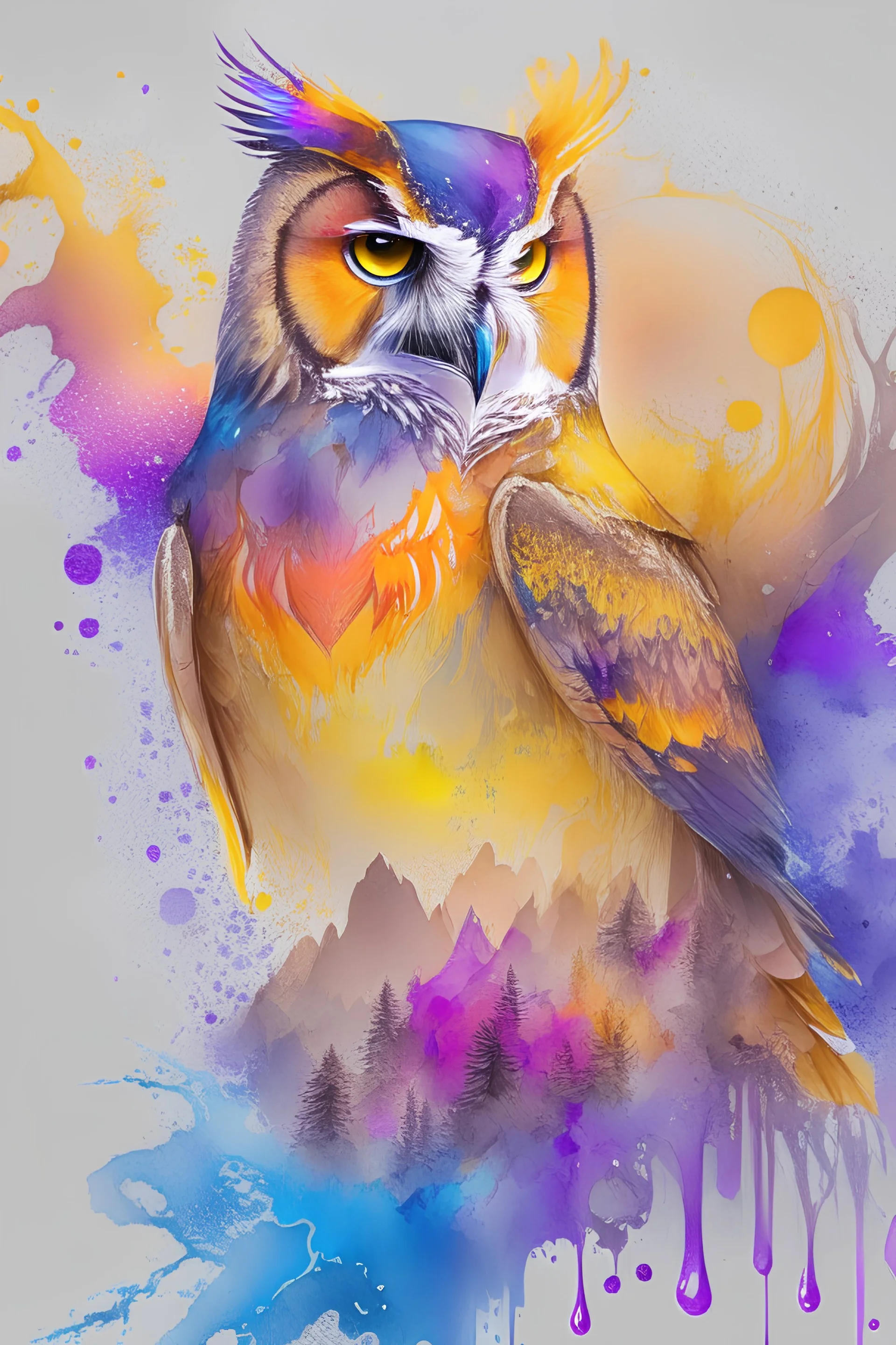 Full size, watercolor on transparent background paper, chromatic, zoom, sharp, splash of colors on a white background, a detailed golden purple sunset fire style, detailed owl & eagle, Miami Beach with light blue water, Mountains, graffiti elements, powerful zen composition, dripping technique, & the artist has used bright, clean elegant, with blunt brown, 4k, detailed –n 9, ink flourishes, liquid fire, clean white background, zoom in, close-up,