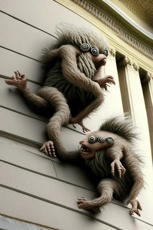 weird hairy creatures climbing up the capitol building wall