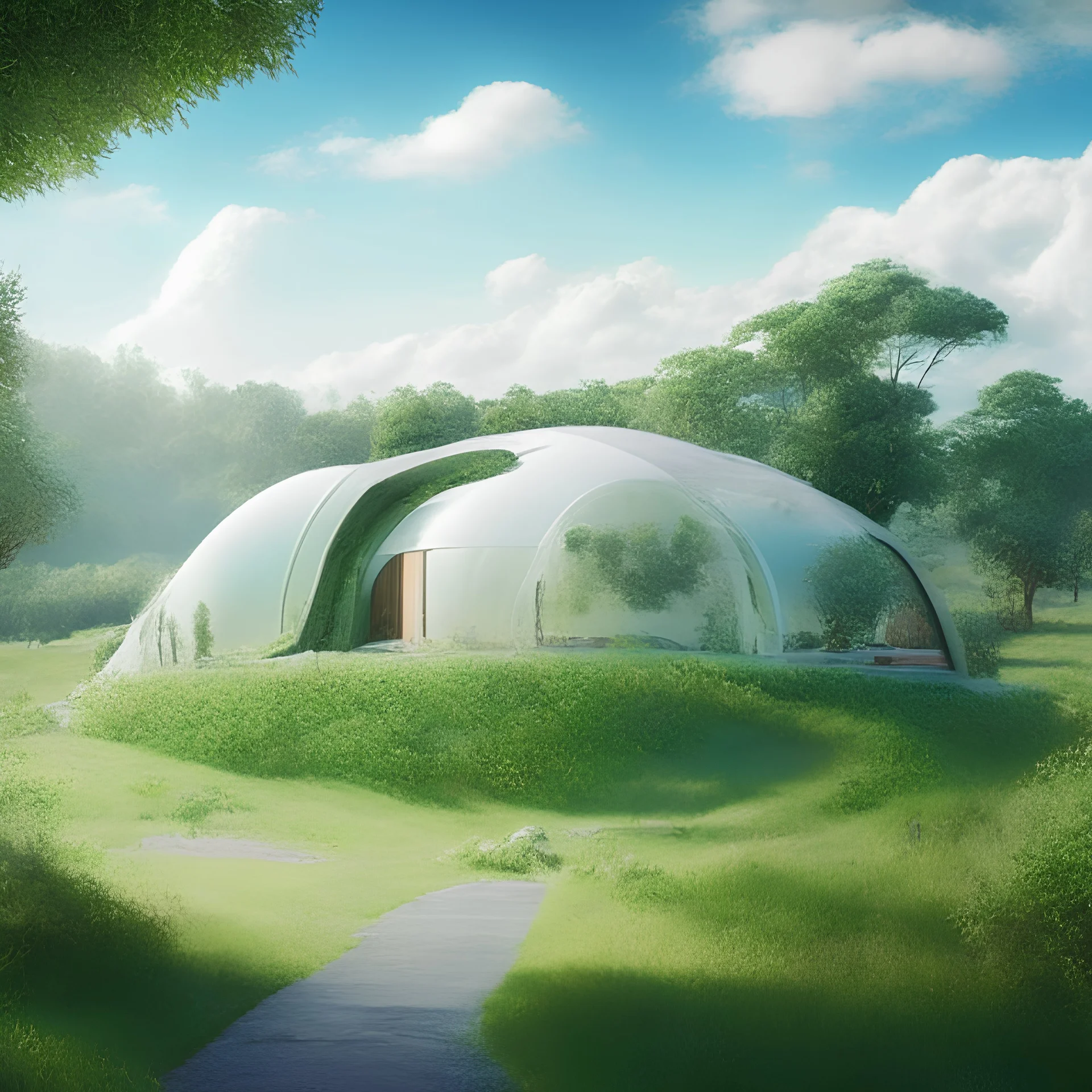 House on the hills, green nature, futuristic, minimalist architecture, concept art, 3D art, oval and round shape, finely detailed, cinematic lighting, hot weather, cream blue sky, hyper realistic, 4k