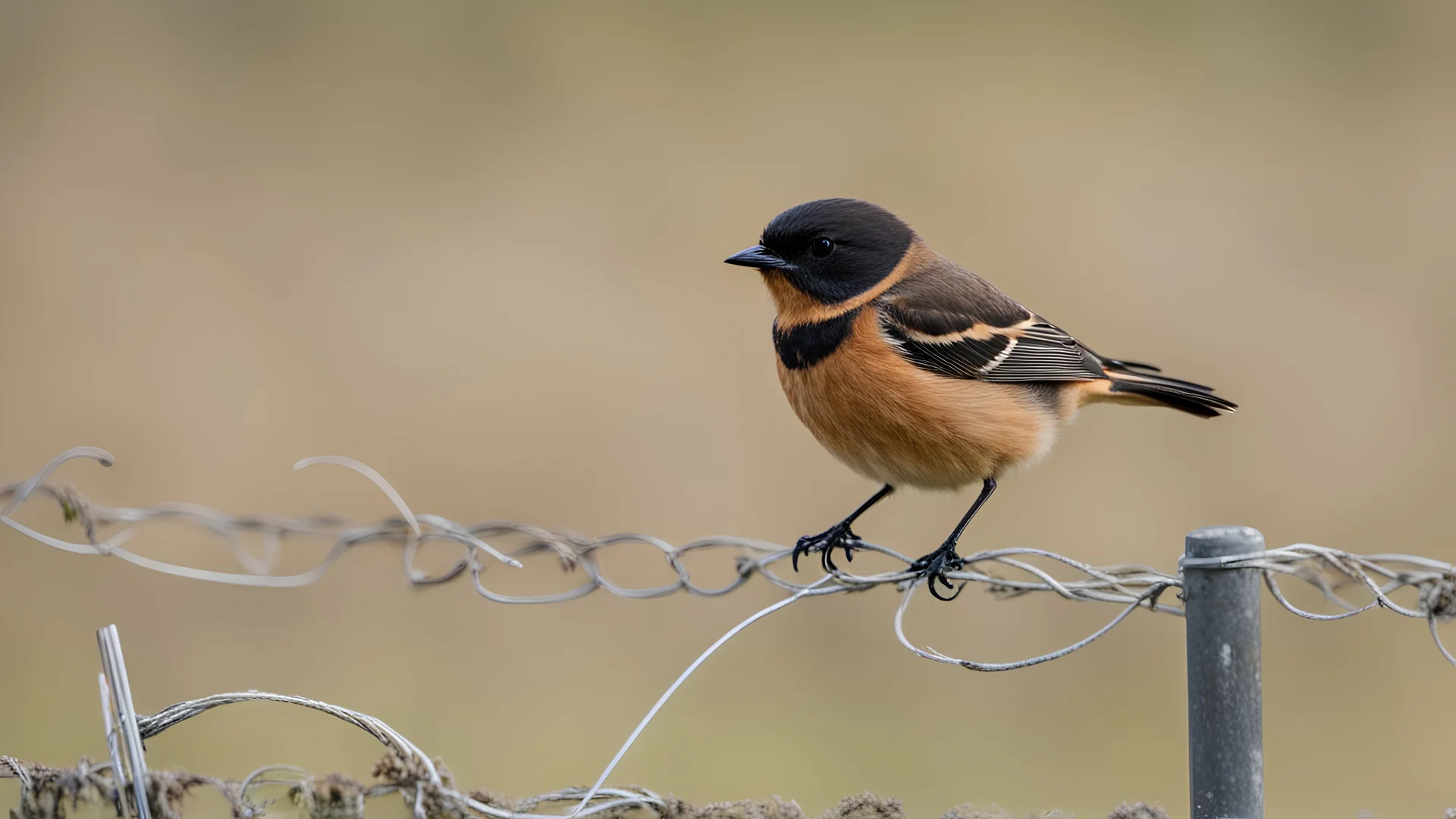 Stonechat, perched on the wire fence