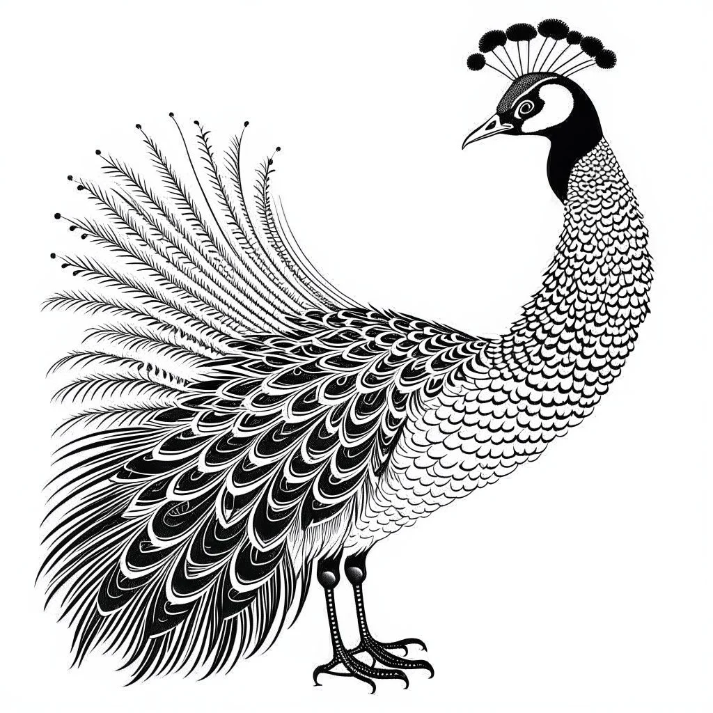 white, A peacock in flight, vector, white background, outline, with images neatly contained within the background, just black and white color, full body, no color. Front view.