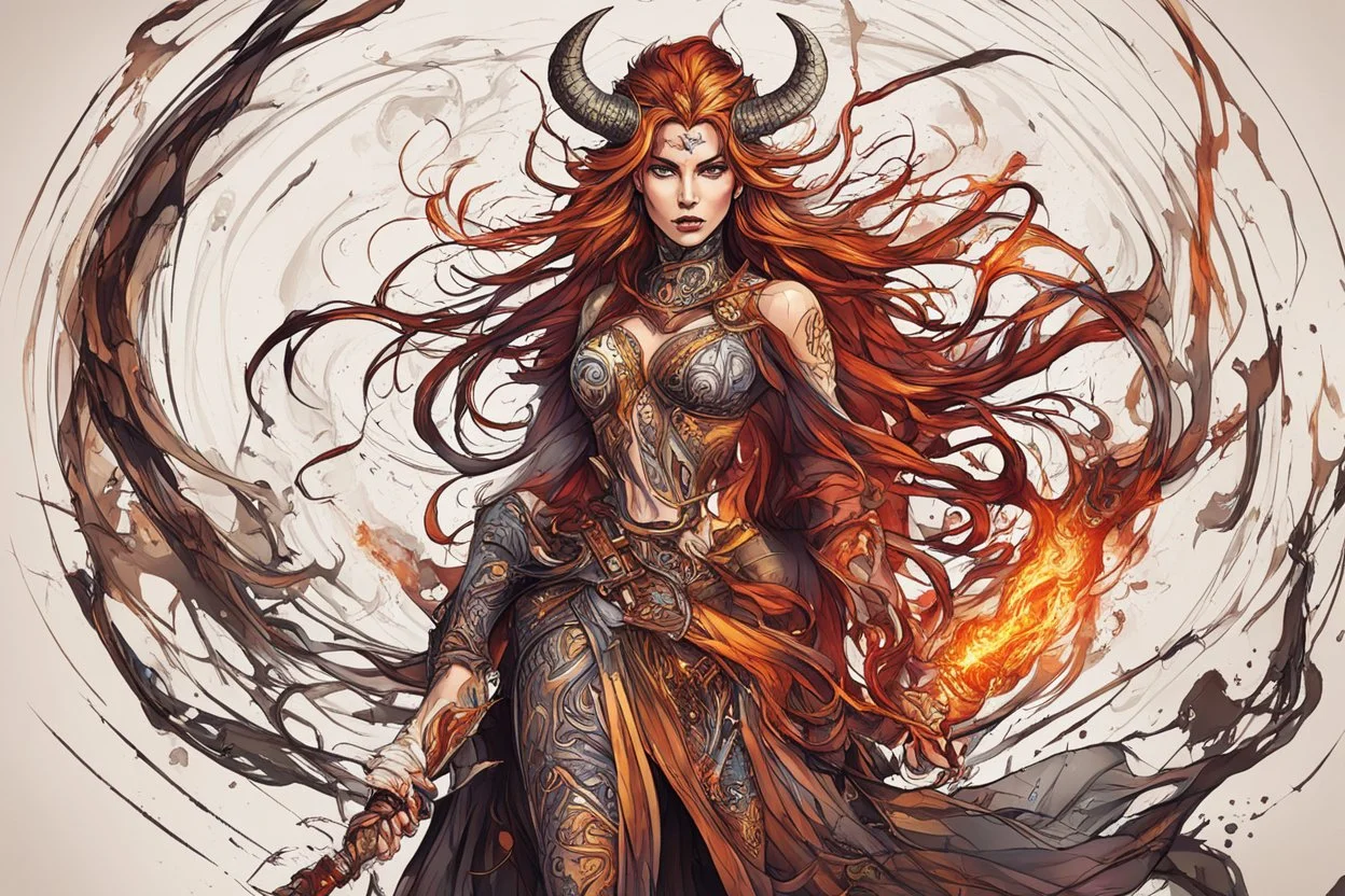 create an abstract expressionist full body illustration of a darkly magical,Viking female sorceress with highly detailed and deeply cut facial features, searing lines and forceful strokes, precisely drawn, boldly inked, with rich striking autumnal colors