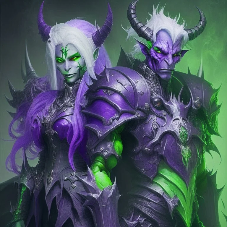 Demonio hermoso de armadura morada y verde con cabello blancos posando junto con un demonio de armadura negra y verde