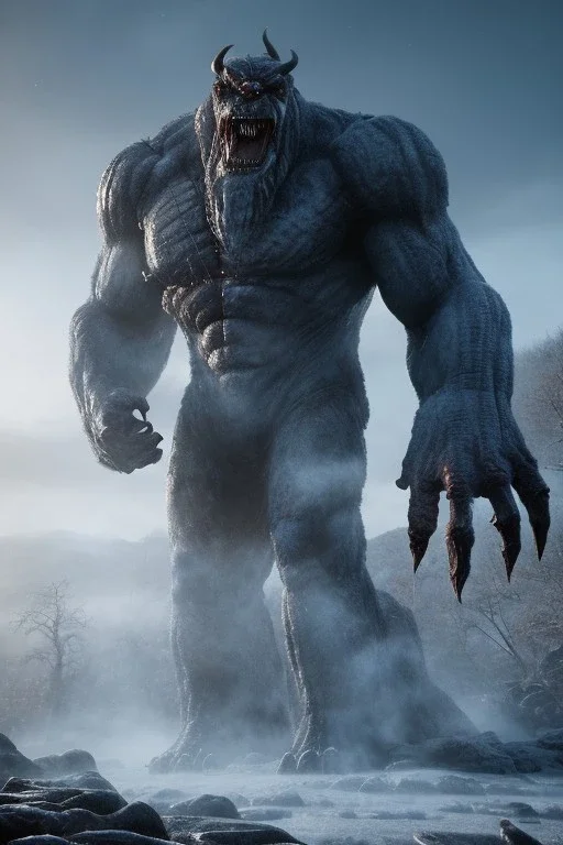 Giant scary humanoid monster, made of stone and ice, dramatic scenery, cold light