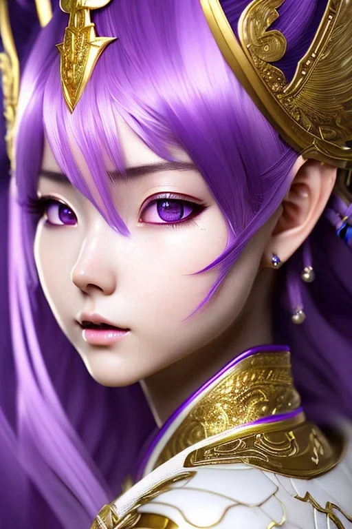 Detailed cute anime Kunoichi elven girl queen, purple hair buns, purple bangs, white latex bodysuit, intricate details, full body portrait, keep head in frame, slight smile, white Japanese motif, concept art, highly detailed, digital painting, concept art, sharp focus, illustration, art by Yoji Shinkawa, WLOP and greg rutkowski and alphonse mucha and artgerm and yanjun Chen and Junji ito and Makoto Shinkai, HDR, octane render