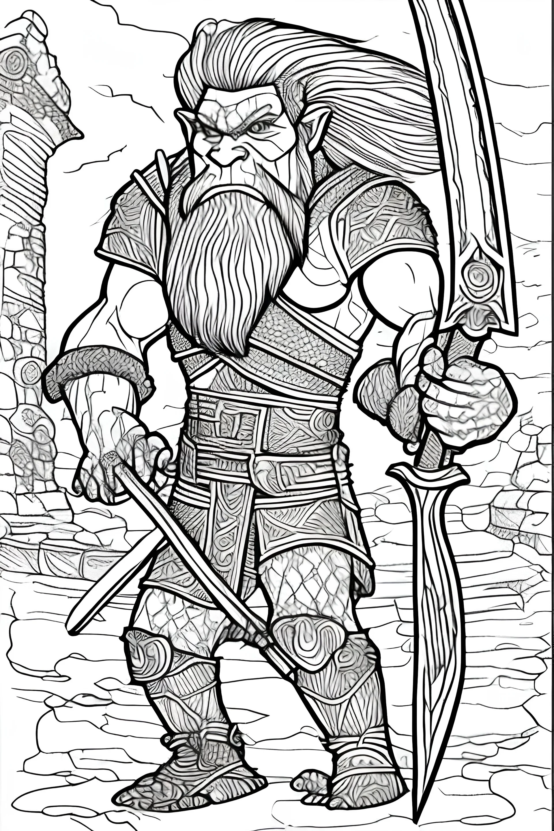 coloring book page of a gigantic troll holding a sword