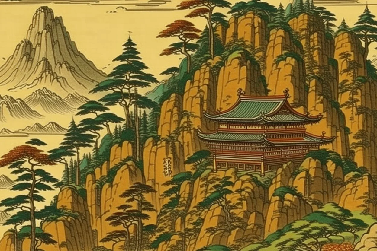 A brown palace on a mountain painted by Utagawa Hiroshige