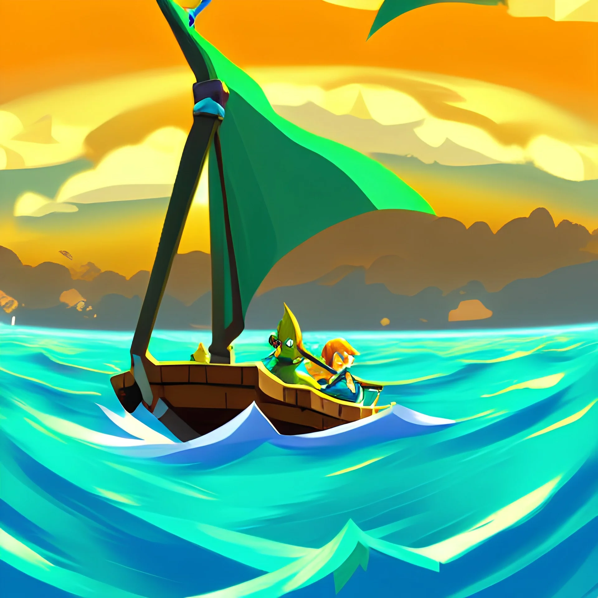 Legend Of Zelda: Wind Waker style vast ocean, stylized, celshaded, colorful, adventurous, frontal view, full view.