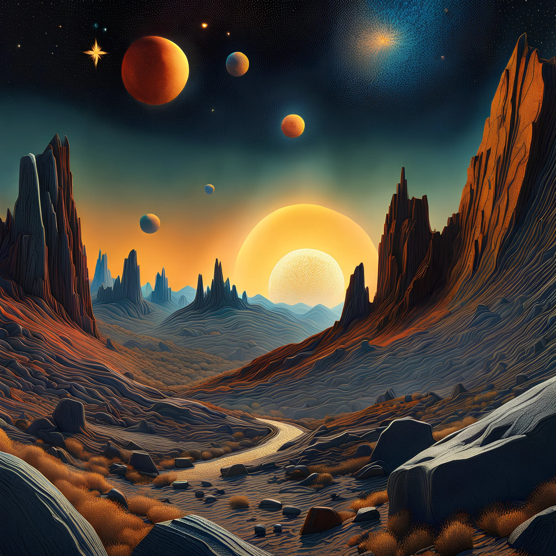 An incredibly peaceful detailed landscape, Max Ernst, one-line drawing, rock formations, planets and stars, primordial nature, sun, strong texture, extreme detail, intricate, strong colours, high resolution, volumetric light, 8k, 3d, cinematic, rich moody colors, sparkles, 55mm photography, 8k, sharp focus, volumetric light