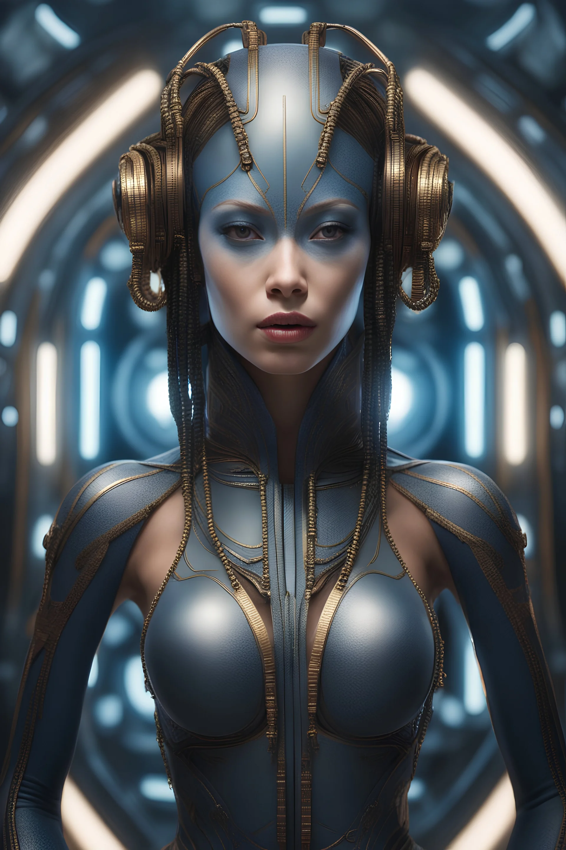 Head and shoulders image, A science-Fiction Space Opera - A long time ago in a galaxy far, far away there lived a tiny, thin, slender, little woman named Harley Marley, a voluptuous beauty , inspired by all the works of art in the world, Absolute Reality, Reality engine, Realistic stock photo 1080p, 32k UHD, Hyper realistic, photorealistic, well-shaped, perfect figure, perfect face, laughing, a multicolored, watercolor stained, wall in the background,