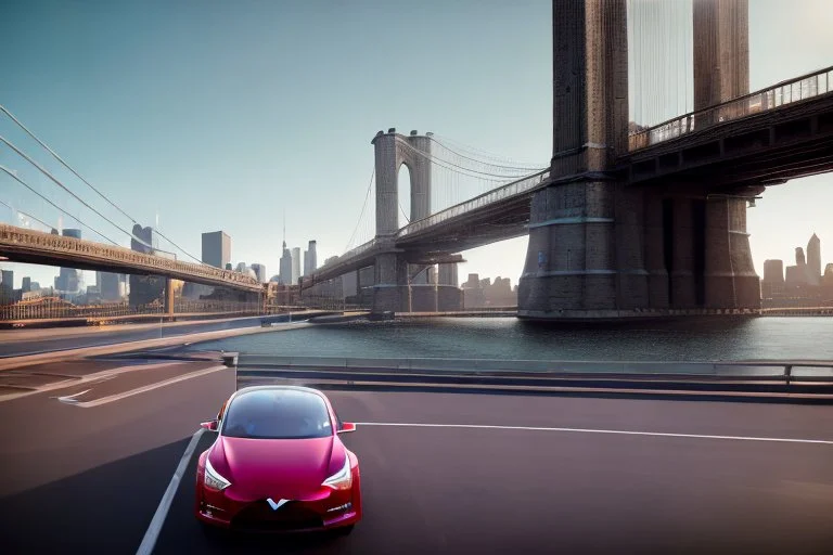 A Tesla 'Model S' is going at a high speed, on the 'FDR Drive', eastern Manhattan. (CINEMATIC, WIDE ANGLE LENS, PHOTO REAL)