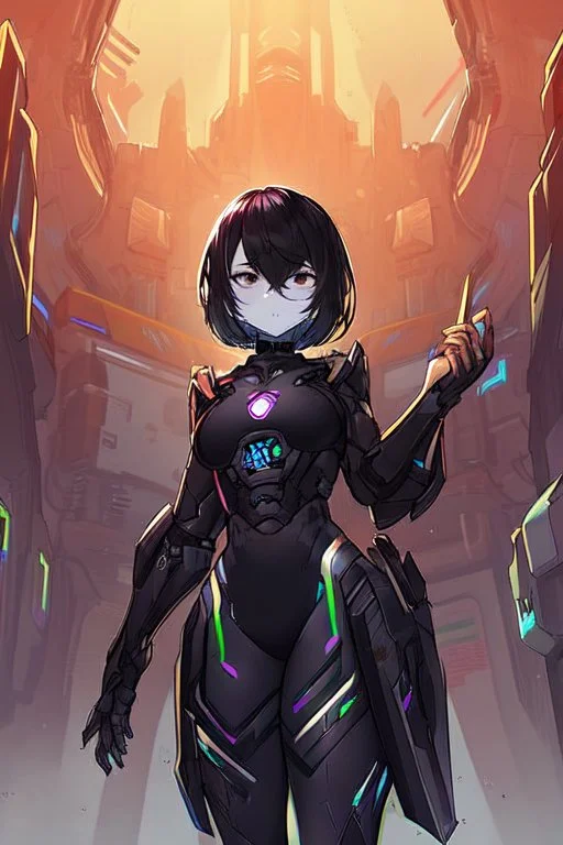 Cyberpunk hacker, black hair, short hair, cybernetic eyes, standing in mists, Female, dark art, Ivory Peach skin, cute