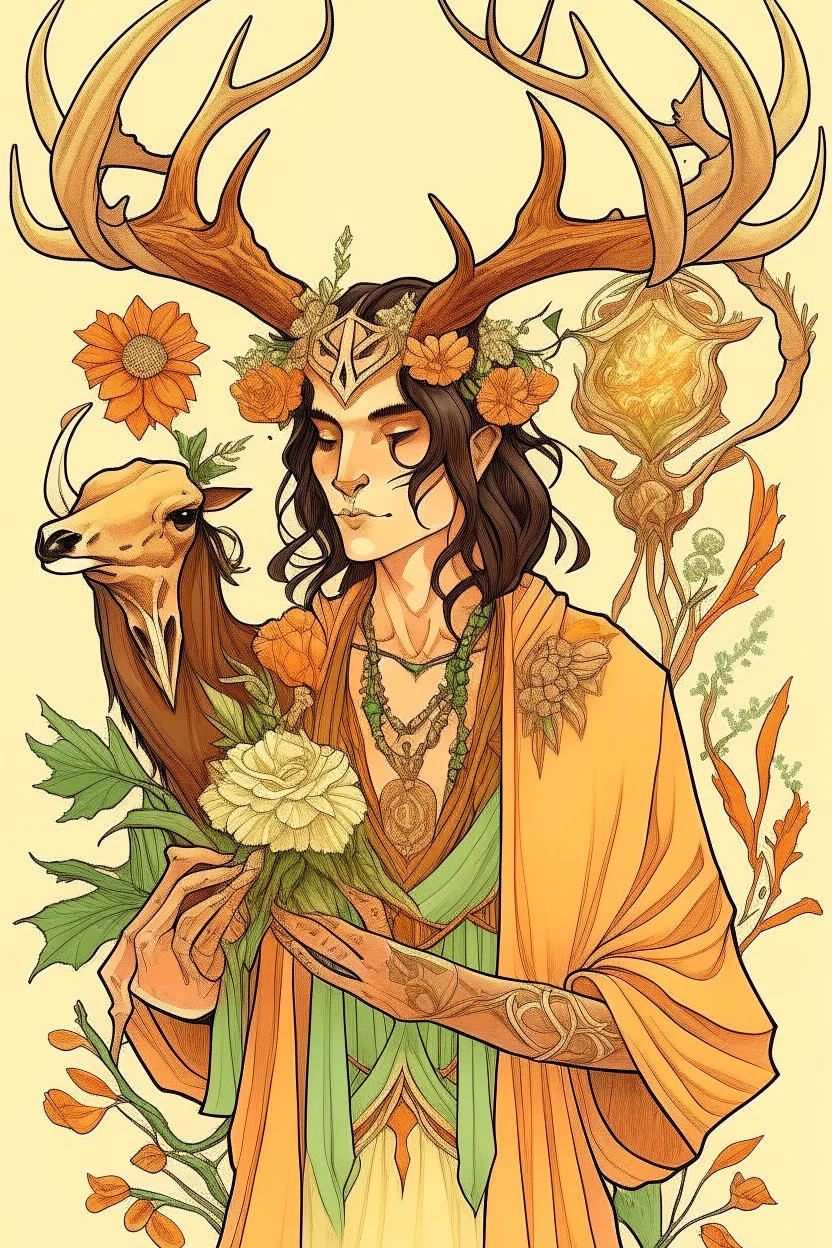 create a drawing for me. a fantasy drawing of a hispanic man with deer skull on his head. he has brown hair and tan skin. he wears peach colored robes and yellow pants with green accessories. he is surrounded by nature and is holding a crow companion. the skull is large and covers the face completely. the deer skull covers his face and the antlers have flowers on them.