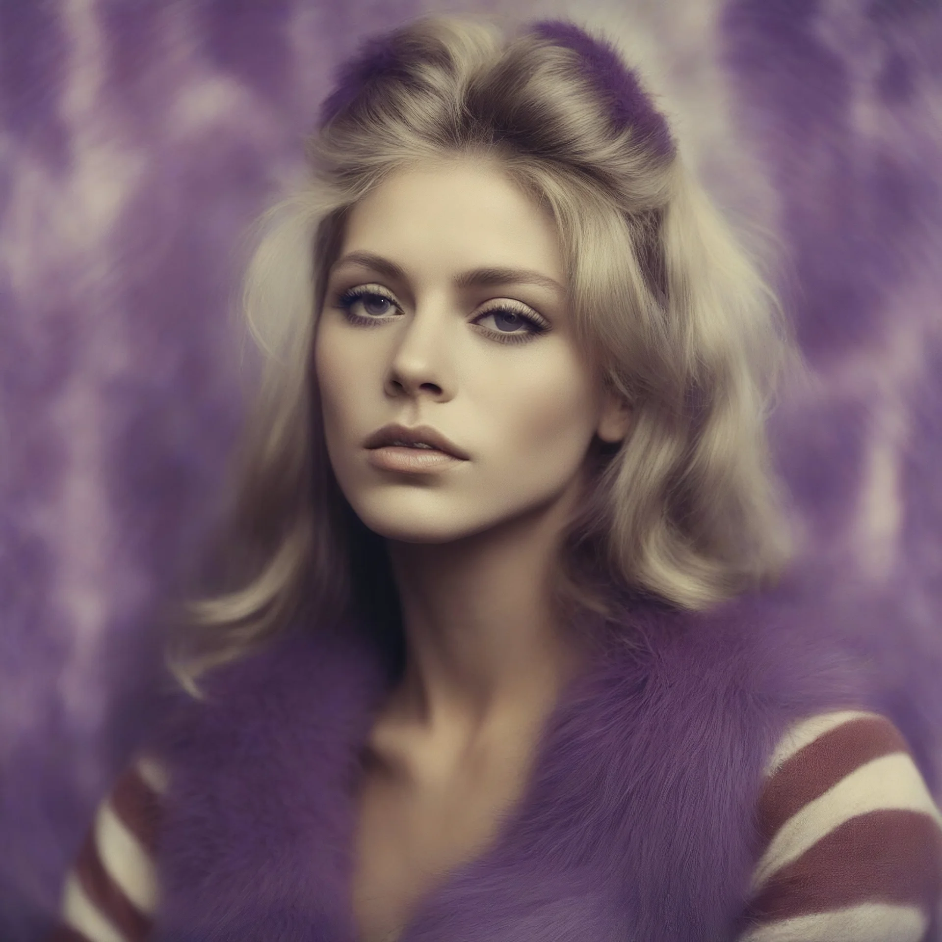Brigitte bardot,Hippie girl, purple fur, striped wallpaper, old autochrome