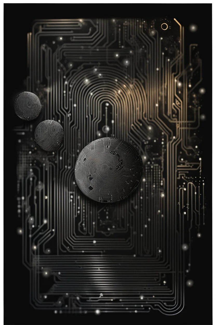 drawing art from fingerprint made of circuits, metallic lines and binaryc numbers . in background the black walls with abstract and geometric shapes symbols, circle, square , a unique dark fantasy style. The atmosphere surrealism and minimalism. splash art, The black drawing artwork with ink