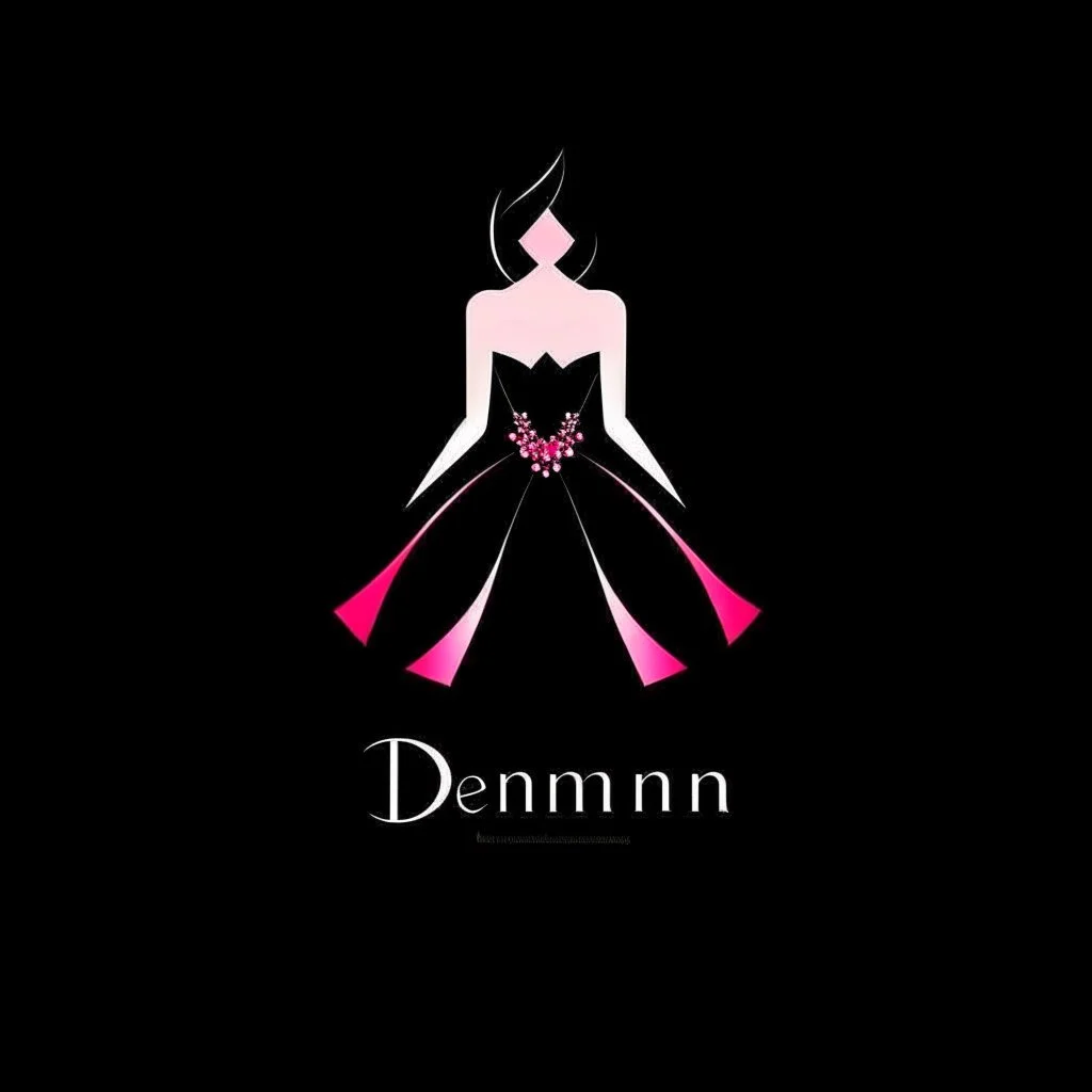 Create a logo with the name Deniz Boutique, inspired by diamond dresses, with the symbol of the dress, baby pink, black background.