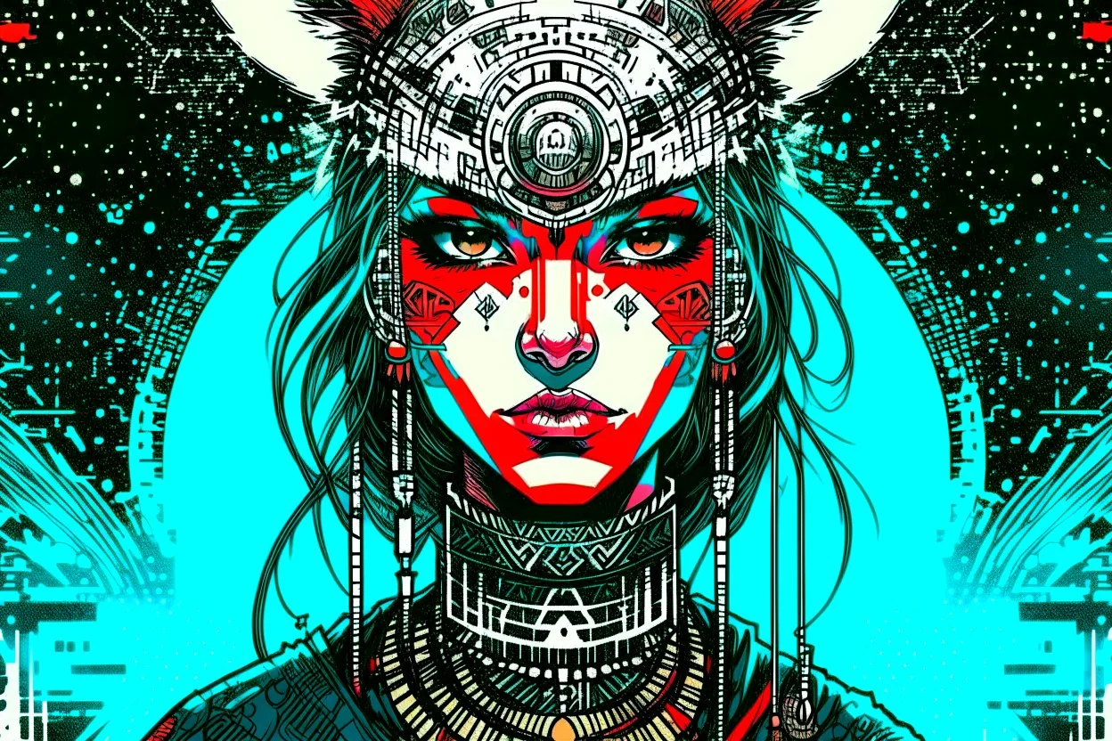 front facing portrait illustration of a gothpunk armored female kitsune vampire mercenary , beaded dreadlock hair, wearing an ancient ornate japanese kitsune mask , and shemagh, highly detailed with gritty post apocalyptic textures, caught in a cosmic maelstrom of swirling gases , finely detailed facial features and hair, in the graphic novel style of Bill Sienkiewicz, and Jean Giraud Moebius, ink wash and watercolor with realistic light and shadow