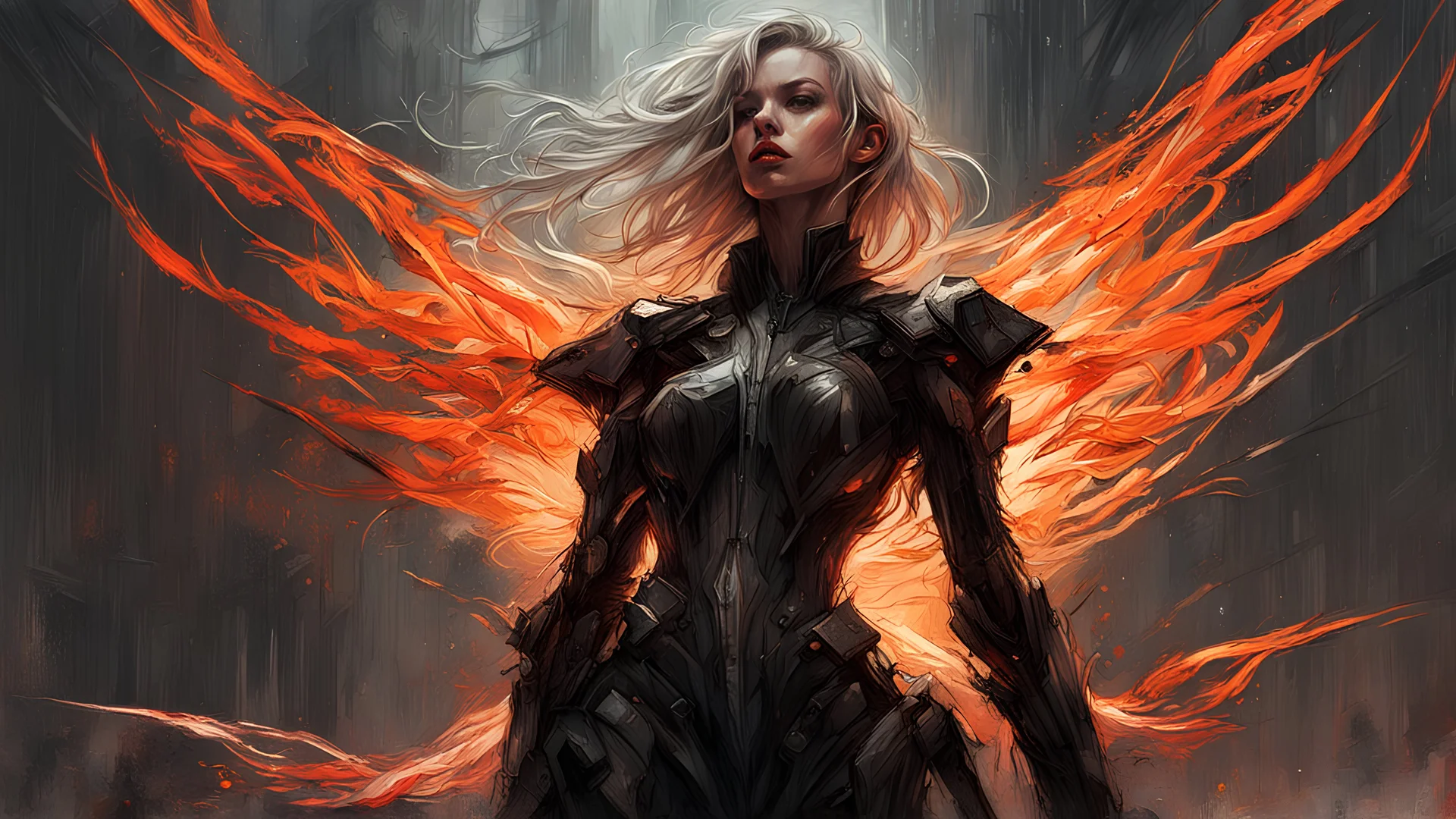 biomechanical women, beautiful, cyberpunk, dusty blonde, short square, large biomechanical black wings, sword, cybernetic, dynamic pose, rain, wind, ashes, flashes of fiery threads, sketch art, fine lines, grunge, sensual, darkness, dark colors, by Raymond Swanland & Alyssa Monks & Anna Razumovskaya