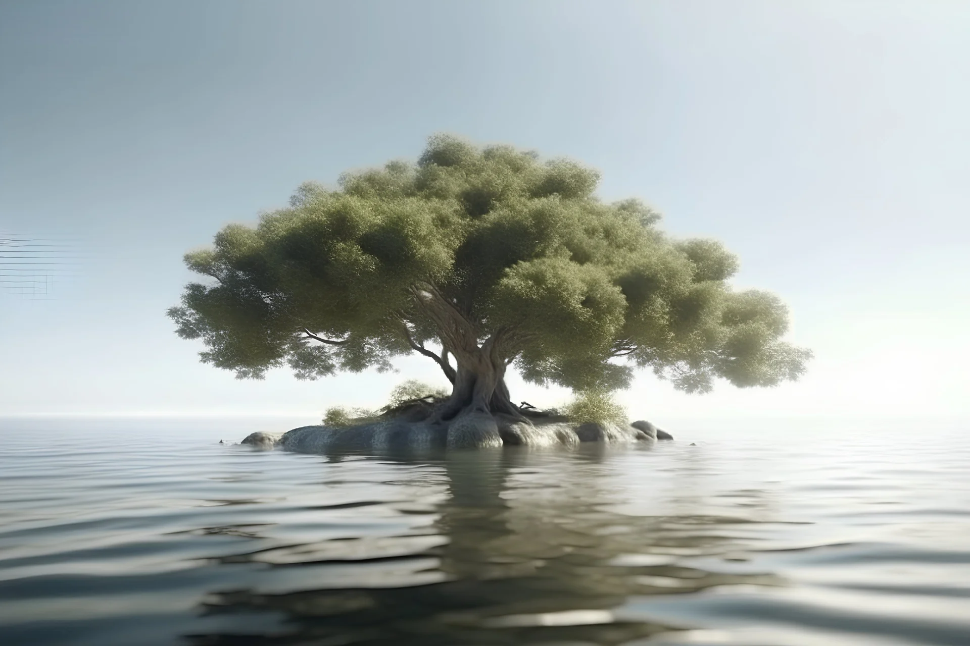 a big tree in the sea, full view, side view very light environment, 8k realistic photo