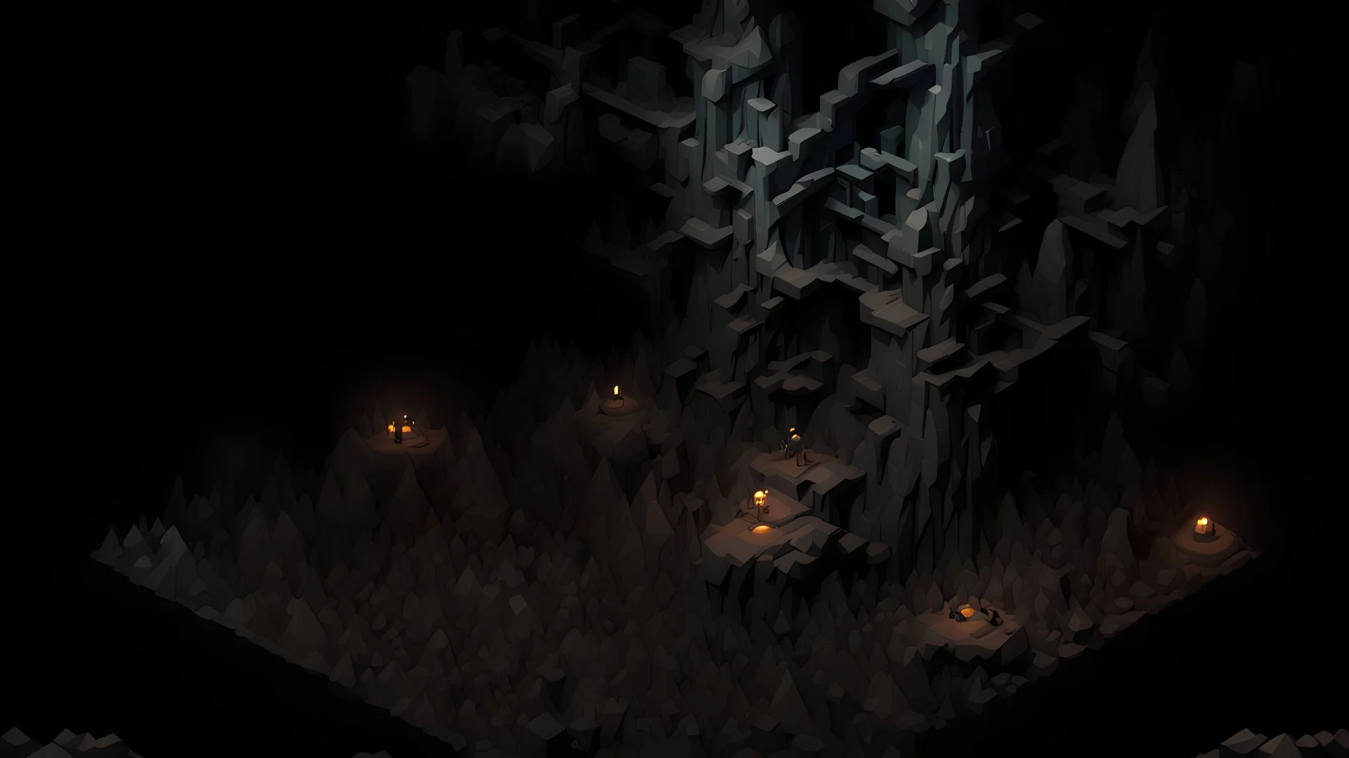 A dark and grim forest, isometric camera angle, low poly blocky 3D render style