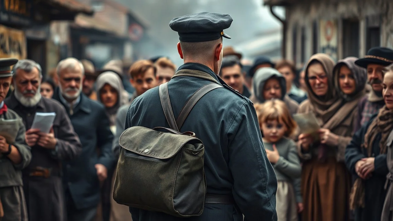 an man in a dark european, hungarian postman's uniform standing with his back to the camera with a large postman's bag on his left shoulder, he is only half visible from the european-hungarian villagers gathered around him, surrounded by men and women in vintage poor cloths. Some villagers are holding letters in their hands, sad and crying faces, a little boy staring at the postman, a crying little girl clinging to her mother's skirt, two women crying , high realistic, perfect photo