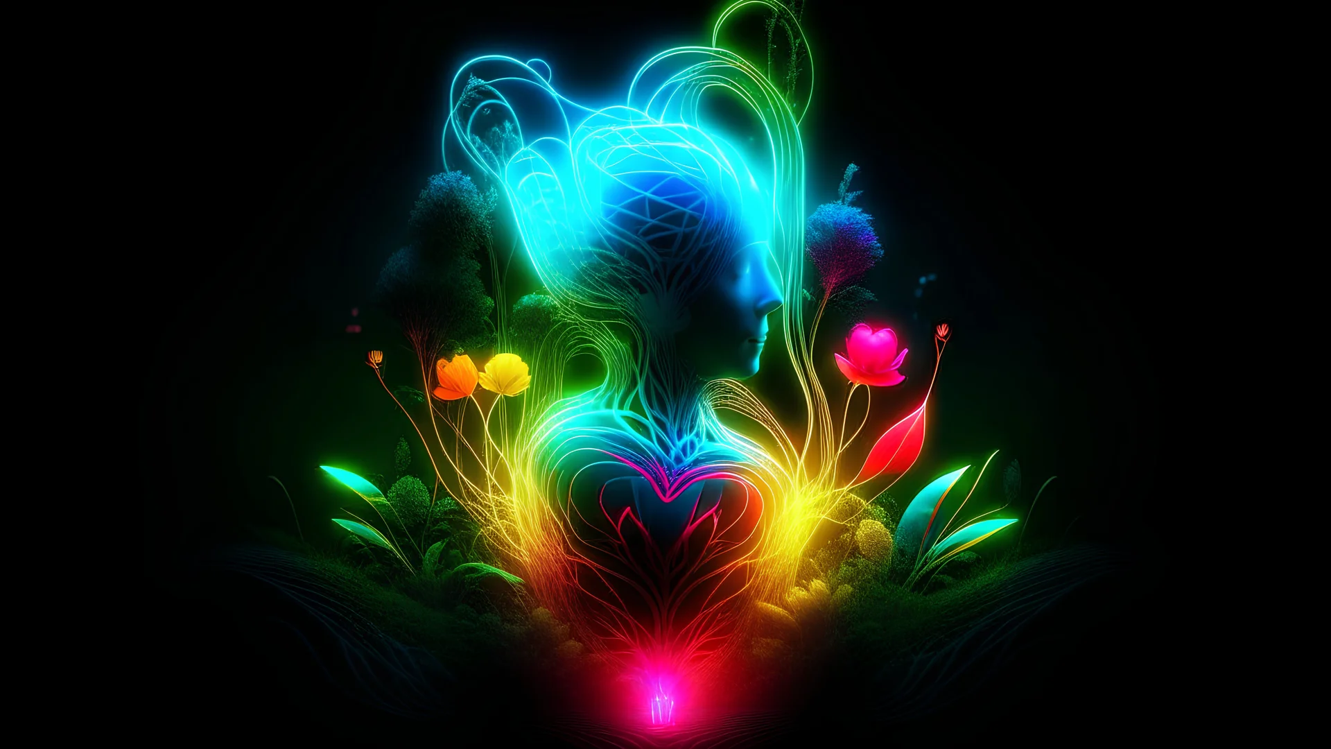 A surreal digital illustration with glowing neon lights, EARS IN MY HEART, representing the connection between mind and soul, surrounded by floating elements of nature