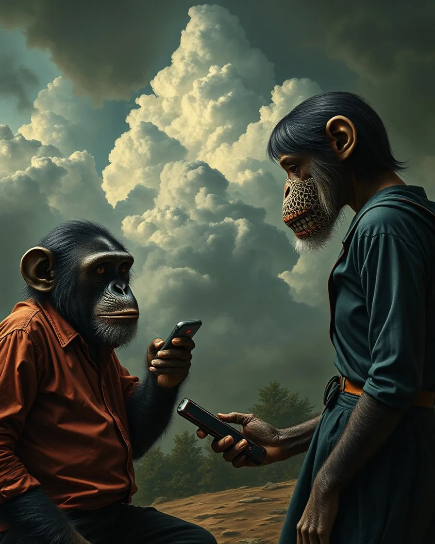Bosch painting style, nightmare , a male chimpanzee dressed like a teenager with phone talking to a female chimpanzee dressed like a teenager Al also has a phone . great quality picture with cinematic scenes , heavy clouds in the background