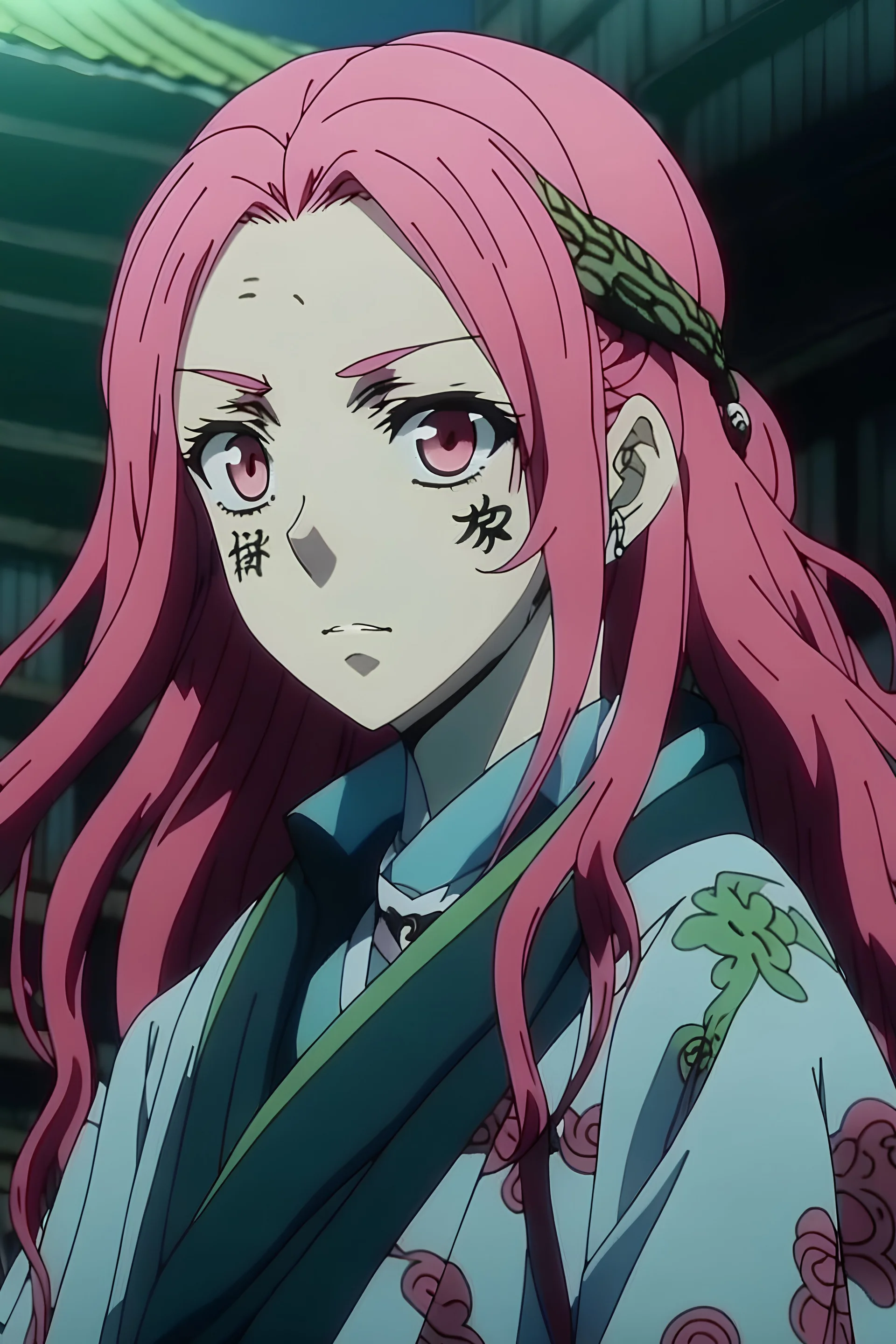Kimetsu no yaiba screencap of a (female) (with (body description aka pink long hair ,skin tone is light , eye color is dark , face shape is A long, sharp-featured face, Scenery is (beautiful, adorable etc.). (He/she) is wearing a (outfit of katana). (WIT/MAPPA) Studios (season 1, season 2, season 3) screencap.